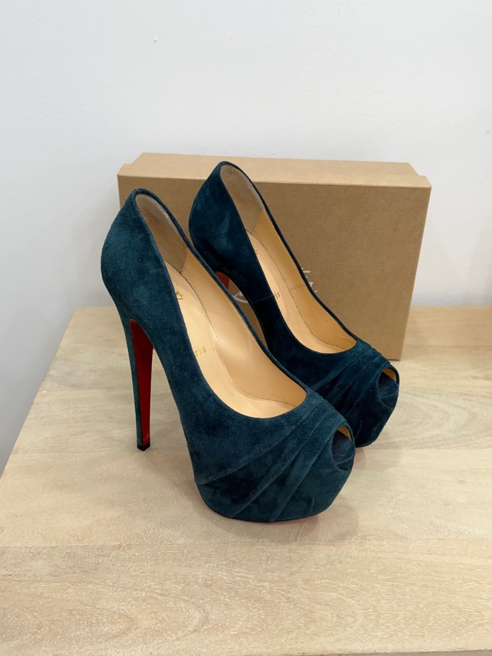 Christian Louboutin Teal Suede Peep-Toe Platform Pumps 38 1/2